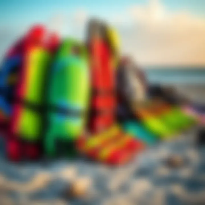 Essential Kiteboarding Gear at South Beach Colorful kiteboarding gear displayed on the beach