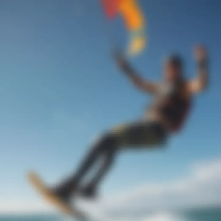 A kiteboarder executing an impressive jump against a clear blue sky