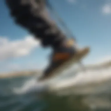 Close-up of a kiteboarder's feet during take-off showing technique