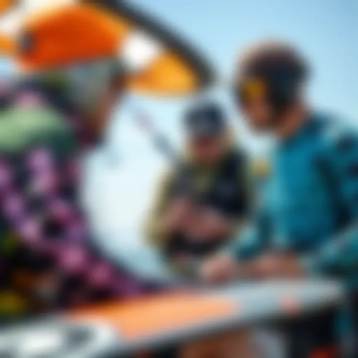 Kiteboarding enthusiasts discussing gear performance