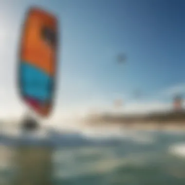 A vibrant community of kiteboarders enjoying a sunny day at the beach.