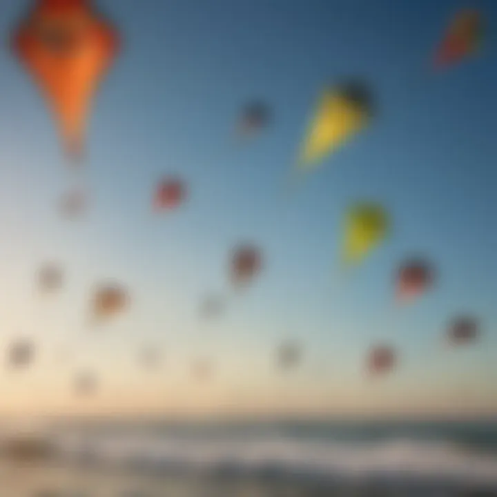 An array of different kites on display, illustrating various designs and sizes suitable for diverse wind conditions.