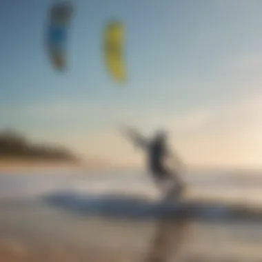 Kiteboarding in Harmony A serene beach setting with kiteboarders navigating the waves, demonstrating the connection between kite design and wind conditions.