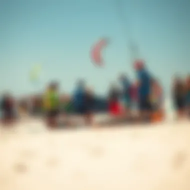 A vibrant kiteboarding community gathering at a beach event