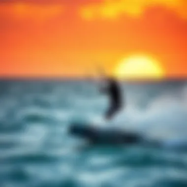 Dynamic action shot of kite surfing against a vibrant sunset