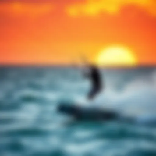 Dynamic action shot of kite surfing against a vibrant sunset