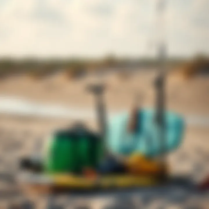 Kiteboarding equipment set up on the beach for backrolling practice