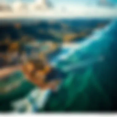 An aerial view of a serene coastline highlighting perfect wind conditions for wind sup