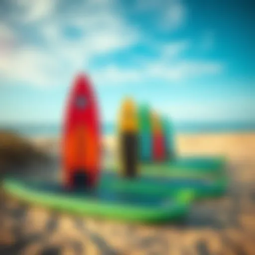 Vibrant Wind Sup Boards A serene beach scene showcasing vibrant wind sup boards lined up on the sand ready for adventure