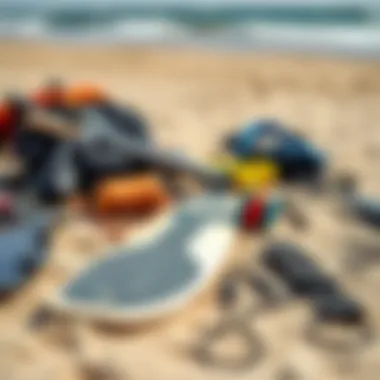 An array of kite surfing gear laid out on a sandy beach