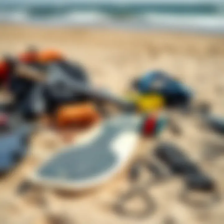 An array of kite surfing gear laid out on a sandy beach