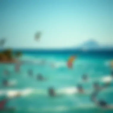 A scenic view of a popular kiteboarding location with clear waters