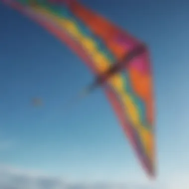 A colorful controllable kite soaring in a clear blue sky