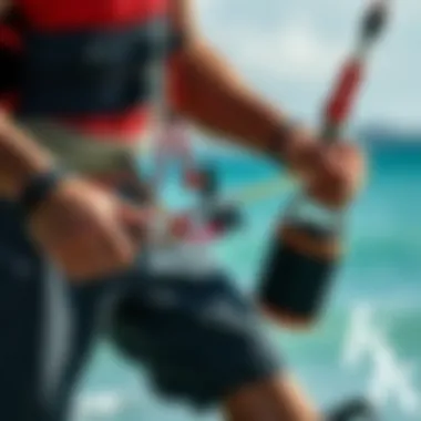 Securing Your Board Leash Before Kiteboarding A kiteboarder securing their board leash before a session