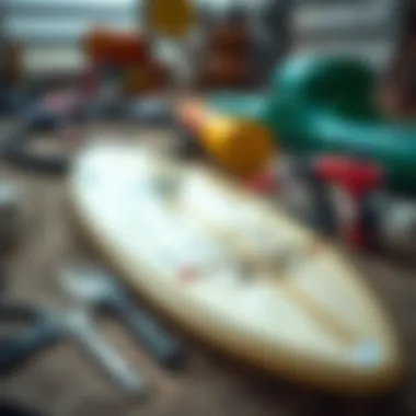 Essential maintenance tools and gear for optimal wind surfboard care.