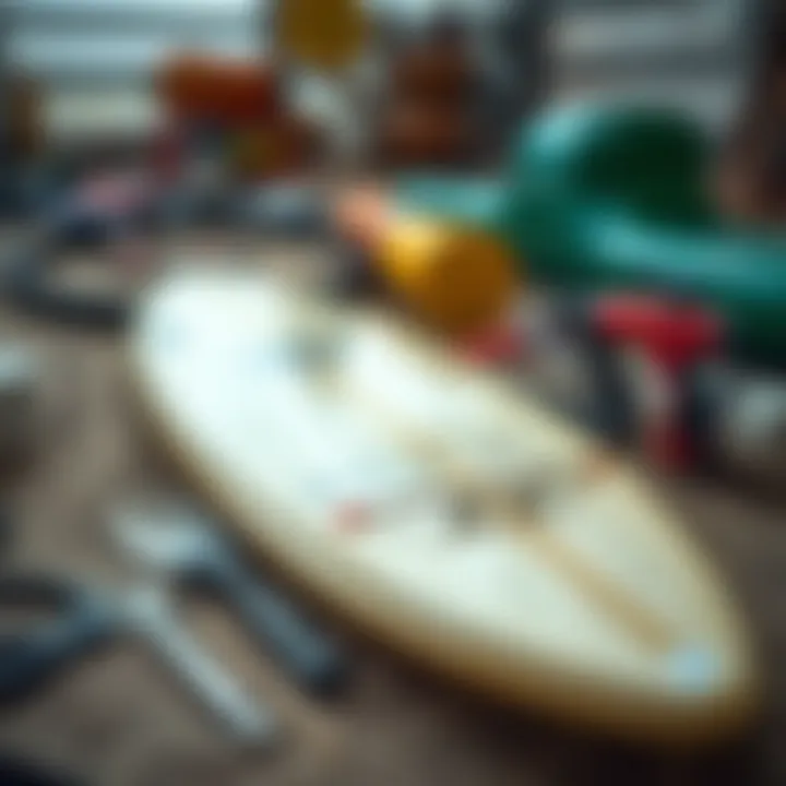 Essential maintenance tools and gear for optimal wind surfboard care.