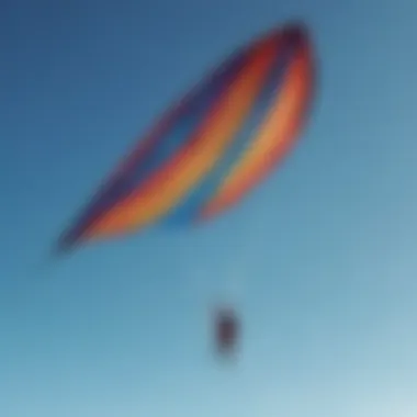 A vibrant kite soaring high against a clear blue sky