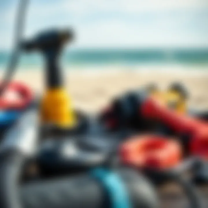 Close-up of essential kitesurfing equipment with maintenance tools