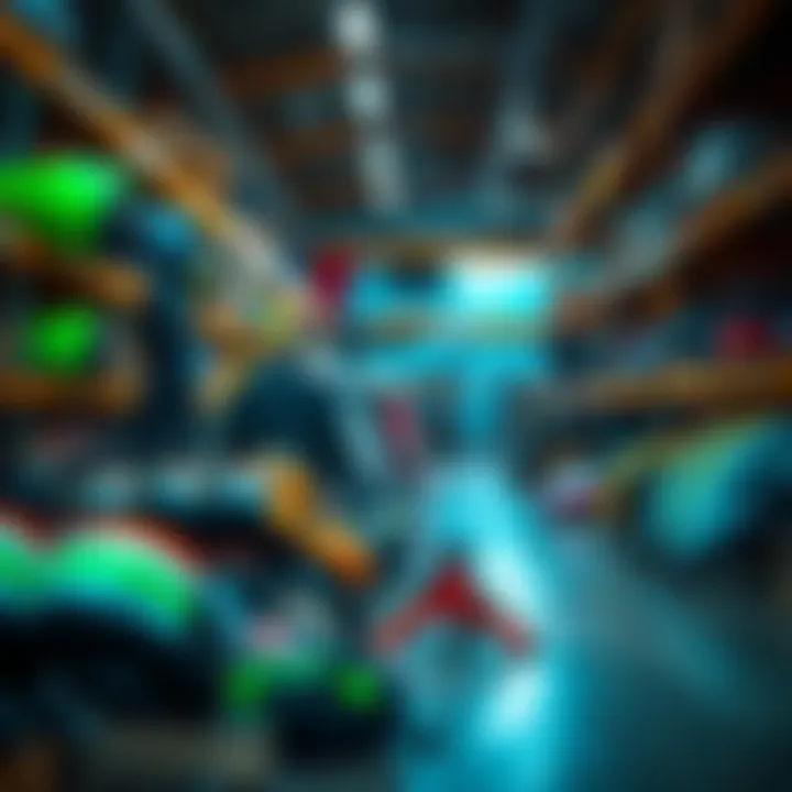 Safety gear displayed in a kitesurfing warehouse setting