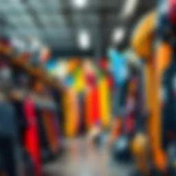 A vibrant kitesurfing warehouse showcasing various gear and equipment