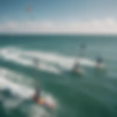 An aerial shot of kiteboarders using air foil boards on a vibrant, windy day.