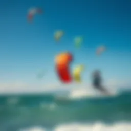 A vibrant kite surfing scene showcasing colorful kites soaring over the ocean