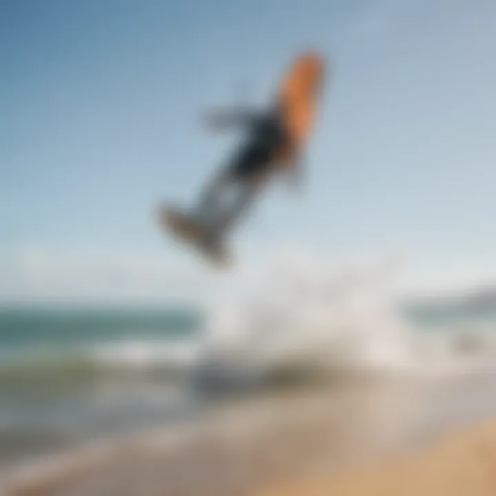 Sunny beach with kiteboarders in action