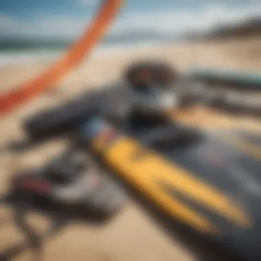 Kiteboarding gear laid out on the beach