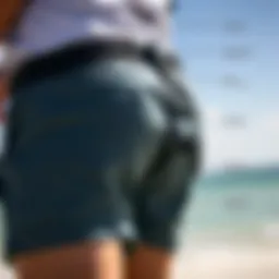 Detailed view of a kiteboarding shorts harness showcasing its design features