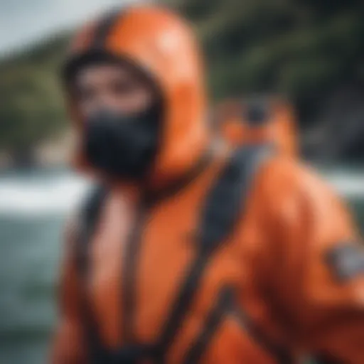 A close-up view of a high-quality survival dry suit equipped for water sports.