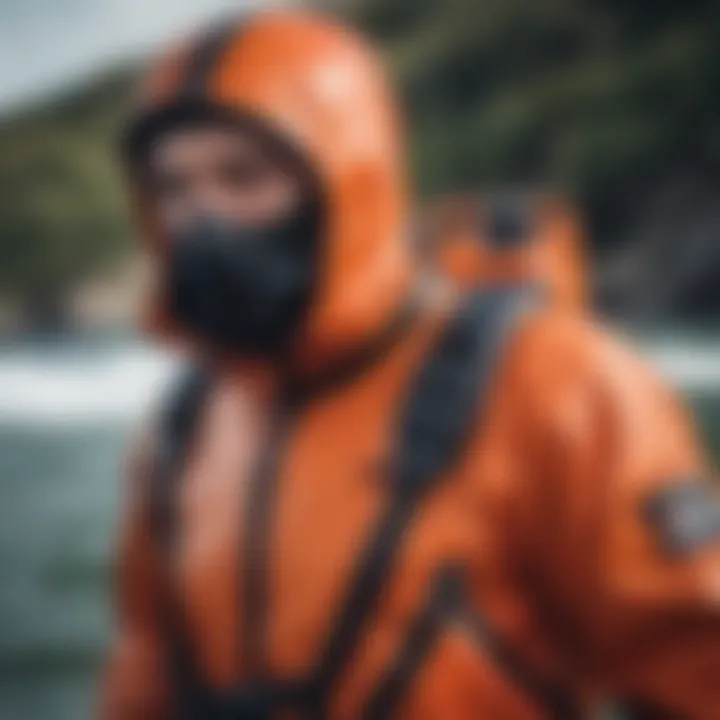 A close-up view of a high-quality survival dry suit equipped for water sports.