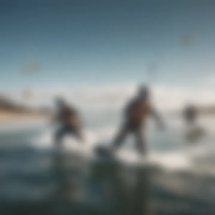 A group of kiteboarders showcasing their dry suits in a dynamic water environment.