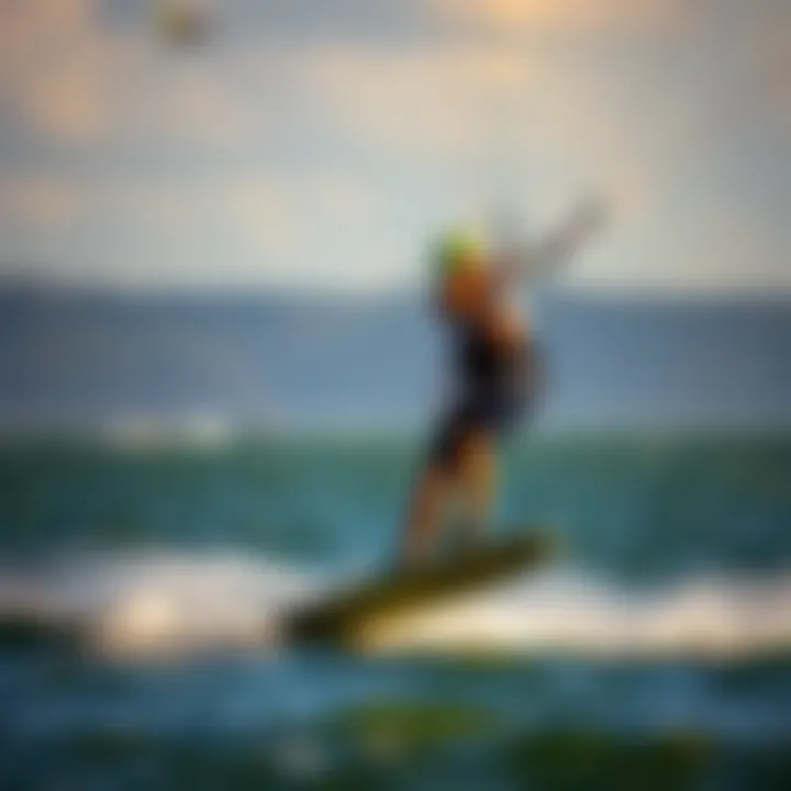 Kiteboarder Enjoying Hydrofoil Experience A kiteboarding enthusiast riding a hydrofoil board on the water