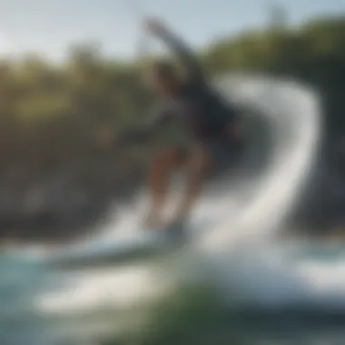 A kiteboarder demonstrating the performance benefits of a pump surfboard on the water