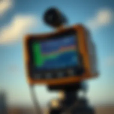 Close-up of a weather radar device displaying real-time data