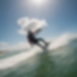 Kiteboarder gliding through the air against a backdrop of wind speed map