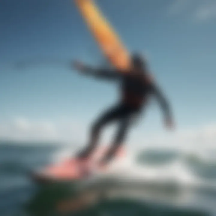 An aerial shot of a rider gliding over the water on a wing surfing foil.