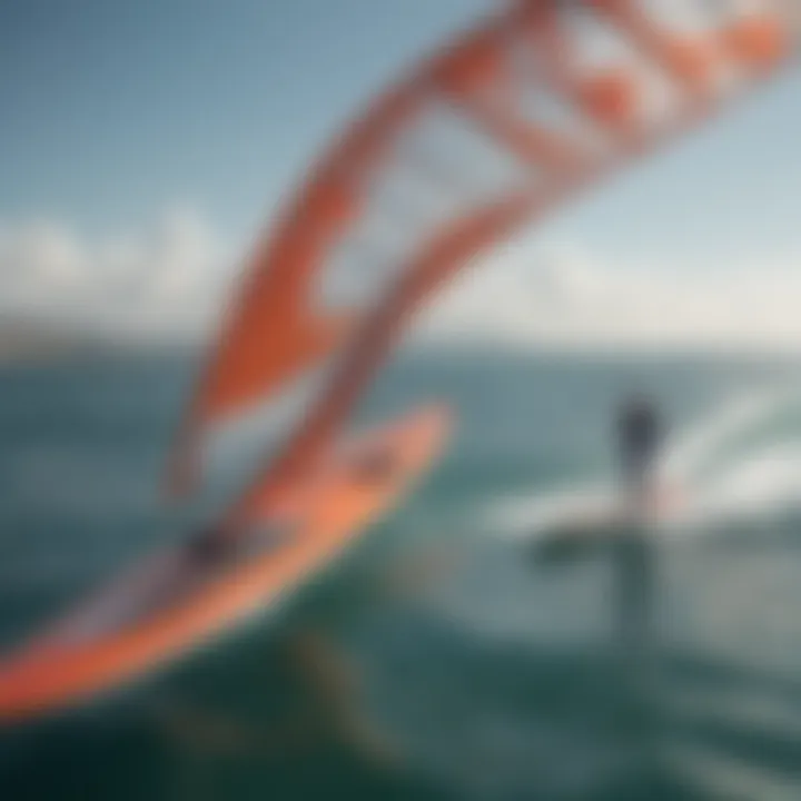 A close-up view of a wing surfing foil showcasing its unique design and structure.